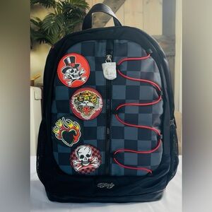 NWT Ed Hardy Checkered Full Size Backpack with Iconic Flash Patches